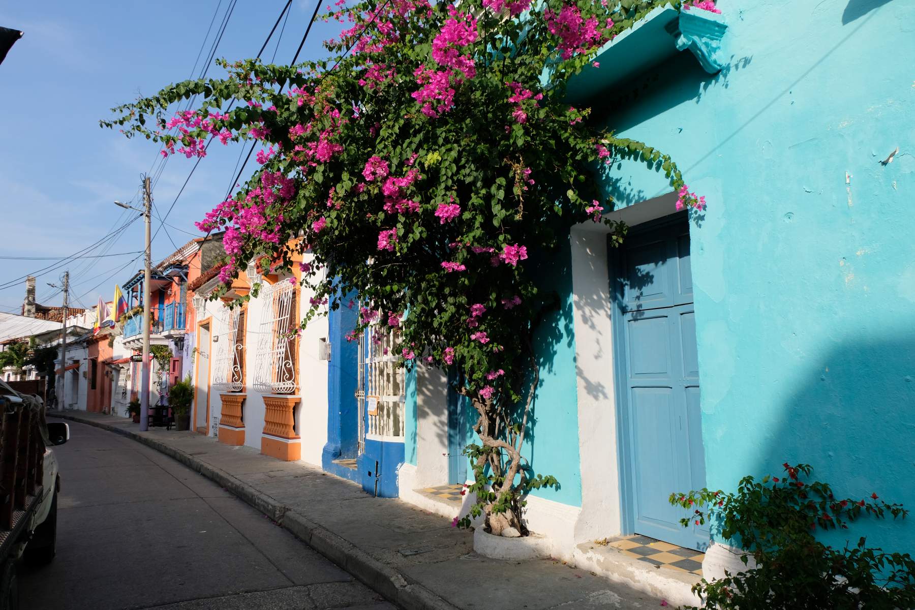 Colofrul houses and flowers in Getsemaní, Cartagena, Colombia