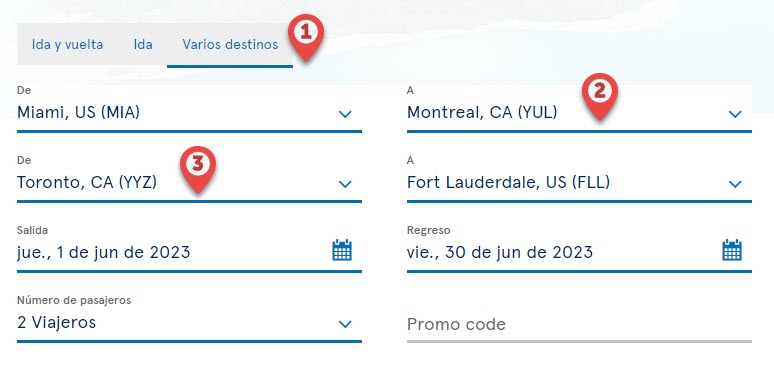 exemple de recherche d'un vol multi-destination