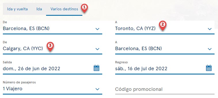 ejemplo de búsqueda de vuelos con varios destinos