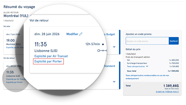Exemple d'une réservation qui indique un vol exploité par Porter Airlines.