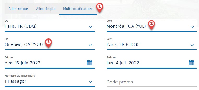 exemple de recherche d'un vol multi-destination