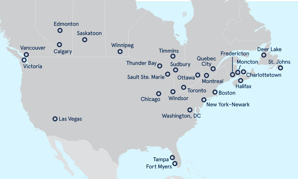 Map of Porter destinations offered by Air Transat 