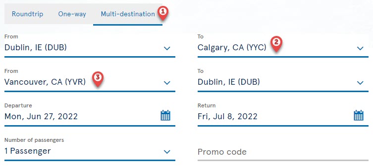 example of a multi-destination flight search