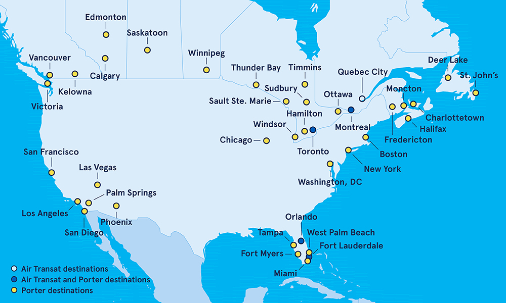 Destinos de Air Transat y Porter en Estados Unidos y Canadá