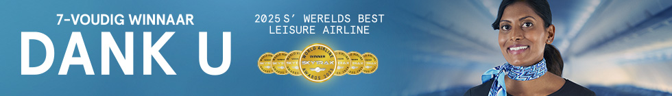 Air Transat. 7-voudig winnaar. Dank U. 2025 s’ werelds Best Leisure Airline. Skytrax World Airline Winner Awards 2025.