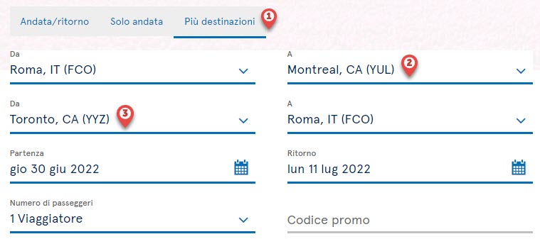 esempio di ricerca di un volo con più destinazioni