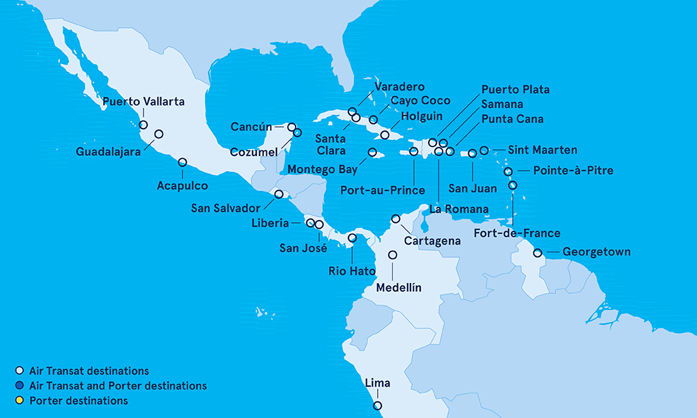 Destinos del Sur ofrecidos por Air Transat y Porter