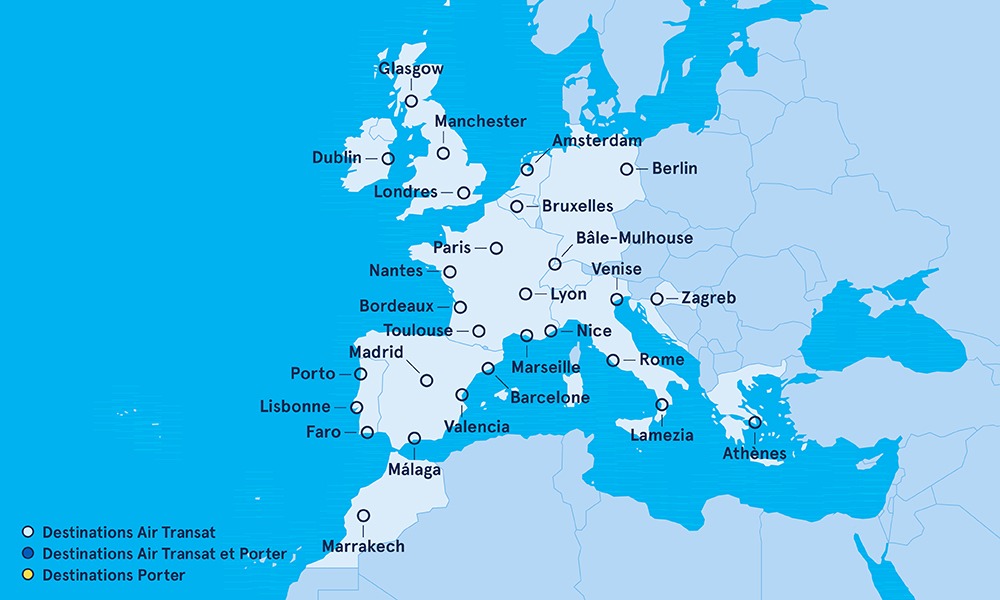 Carte des destinations Europe offertes par Air Transat et Porter.
 