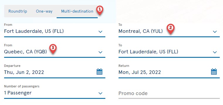 example of a multi-destination flight search