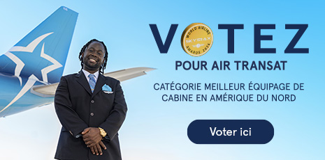 Votez pour Air Transat. Catégorie meilleur équipage de cabine en Amérique du Nord pour 2026. Votez ici.