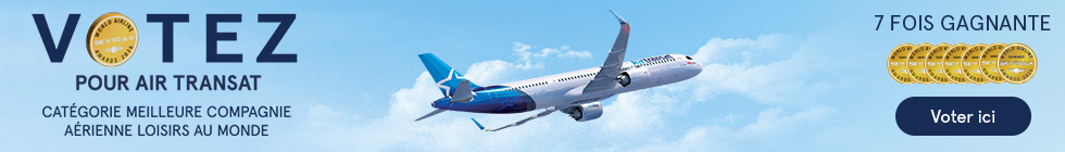 Votez pour Air Transat. Catégorie meilleure compagnie aérienne loisirs au monde pour 2026. Votez ici.