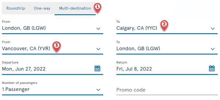 example of a multi-destination flight search