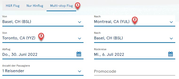 Beispiel für eine Flugsuche mit mehreren Zielorten